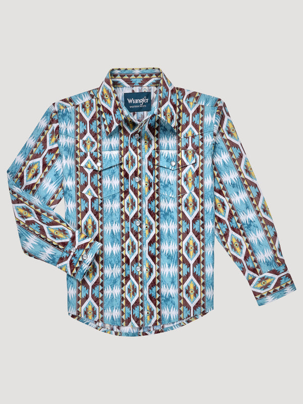Wrangler Boys Checotah Western Snap Shirt - Dusty Blue - Broken horn