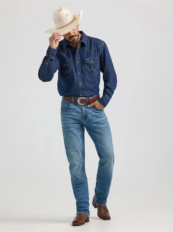 Wrangler Men's Classic Denim Western Snap Shirt - Broken horn