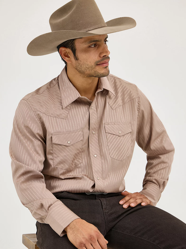 KONTOOR Wrangler Western Dobby Stripe long sleeve shirt with blue and white vertical stripes, button-front design, and classic Western style.