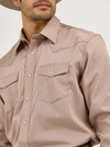 KONTOOR Wrangler Western Dobby Stripe long sleeve shirt with blue and white vertical stripes for men.