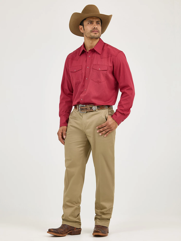 KONTOOR Wrangler Western Dobby Stripe long sleeve shirt featuring blue and white stripe pattern on soft fabric.