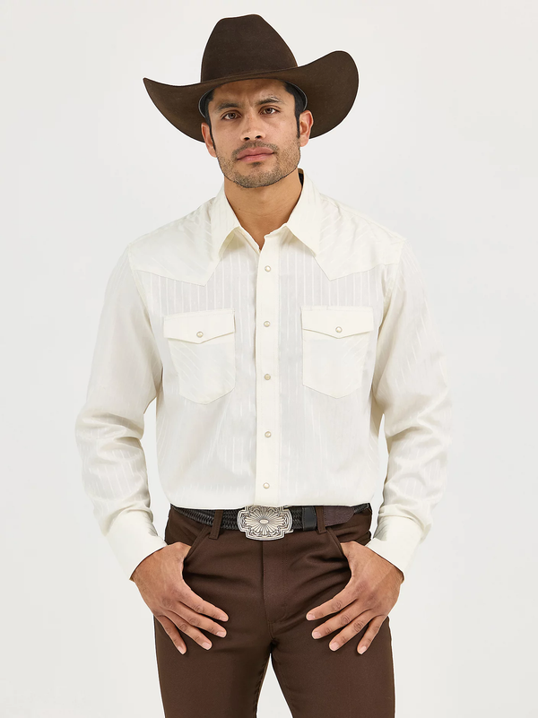KONTOOR Wrangler Western Dobby Stripe long sleeve shirt with blue and white striped pattern, button-front, casual Western style.