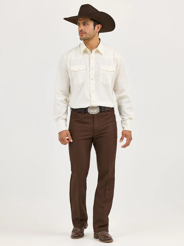 KONTOOR Wrangler Western Dobby Stripe Long Sleeve Shirt with blue and white vertical stripes, button-down front and classic collar.