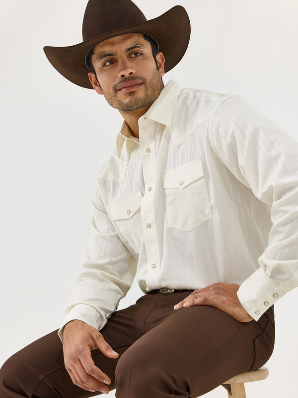 KONTOOR Wrangler Western Dobby Stripe long sleeve shirt with blue and white vertical stripes, button-down front, and classic collar.