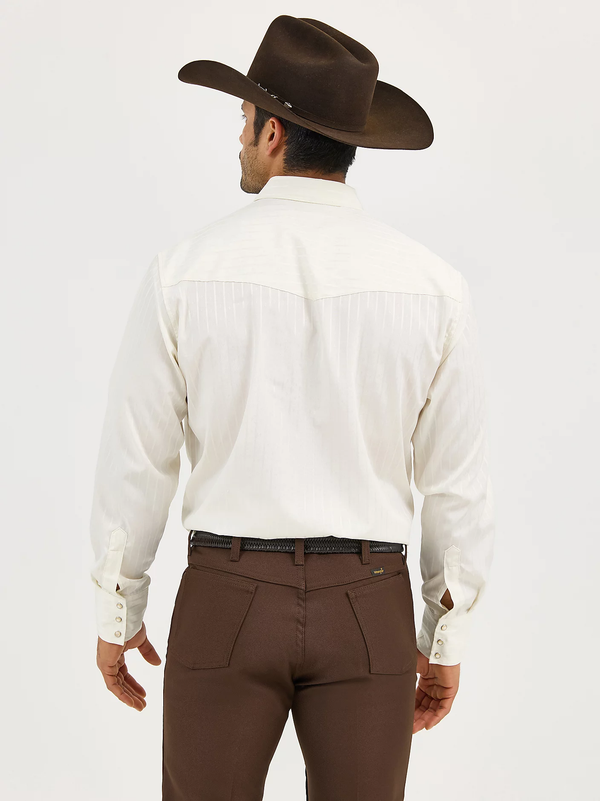 KONTOOR Wrangler Western Dobby Stripe long sleeve shirt with blue and white vertical stripes, casual Western style.
