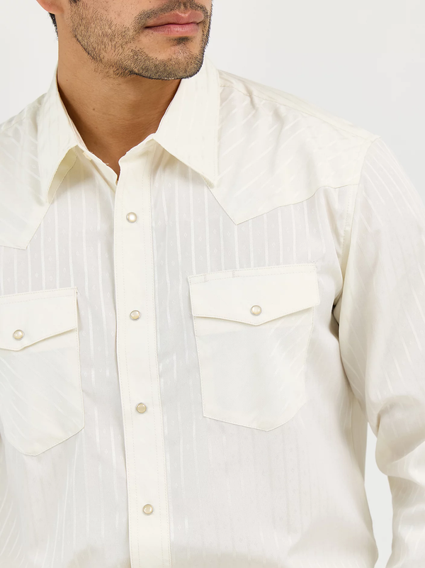 Long sleeve Wrangler Western Dobby Stripe shirt by KONTOOR featuring blue and white striped fabric and Western-style collar.