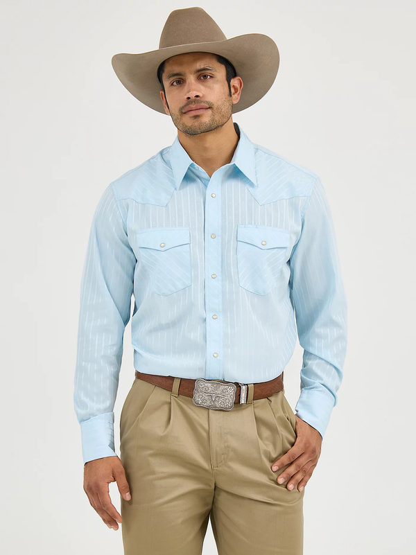 KONTOOR Wrangler Western Dobby Stripe long sleeve shirt in blue with white stripes, casual Western style for men.