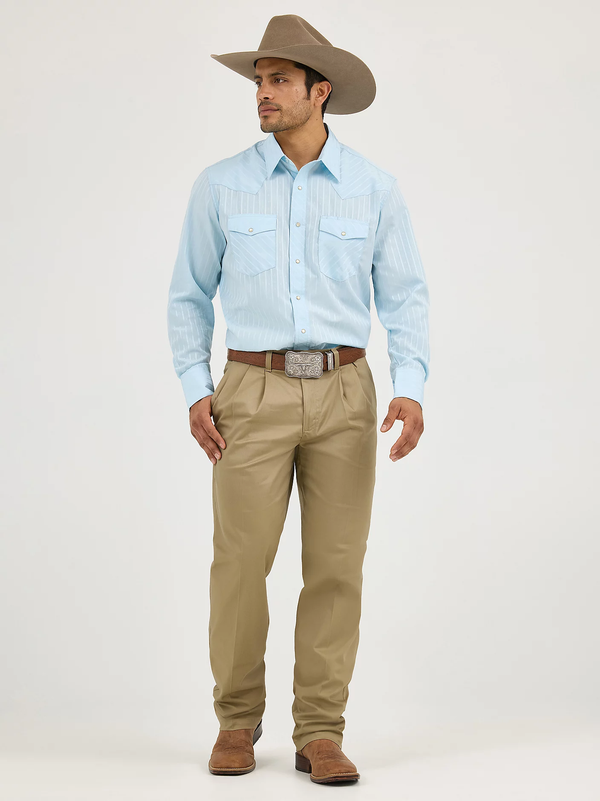 KONTOOR Wrangler Western Dobby Stripe long sleeve shirt in blue with white stripes, casual Western style, front view