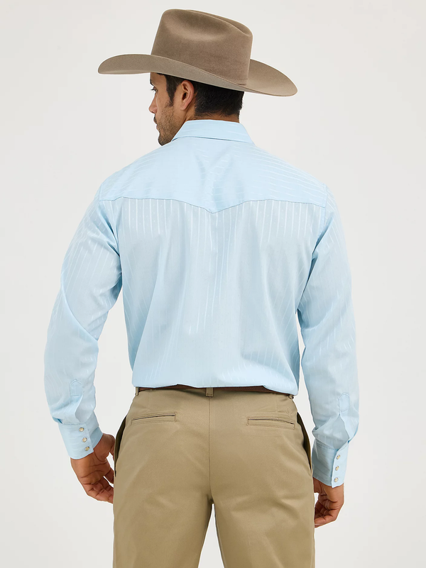 KONTOOR Wrangler Western Dobby Stripe Long Sleeve Shirt with blue and white vertical stripes, classic Western style.