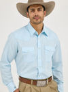 KONTOOR Wrangler Western Dobby Stripe long sleeve shirt with blue and white vertical stripes, button-down collar, and Western style.
