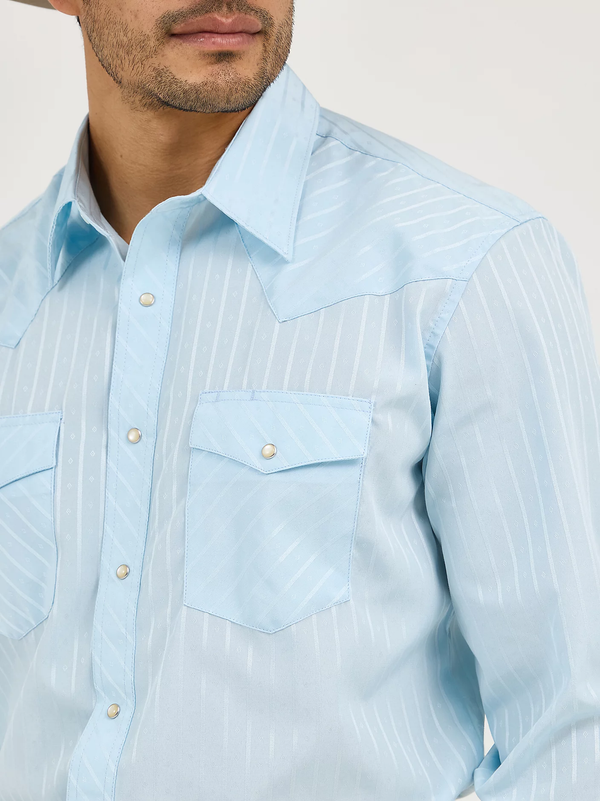 KONTOOR Wrangler Western Dobby Stripe long-sleeve shirt in blue and white with a classic Western style and button-down front.
