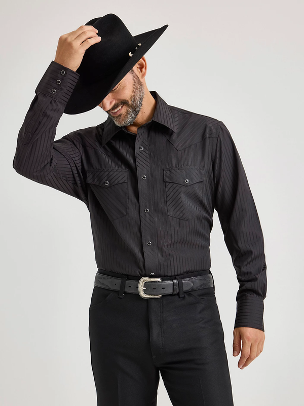 KONTOOR Wrangler Western Dobby Stripe long-sleeve shirt in black with blue and white stripe pattern, button-down collar.