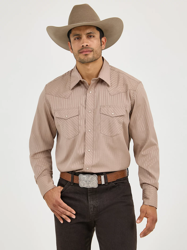 KONTOOR Wrangler Western Dobby Stripe long sleeve shirt with blue and white vertical stripes, button-down front, and classic collar