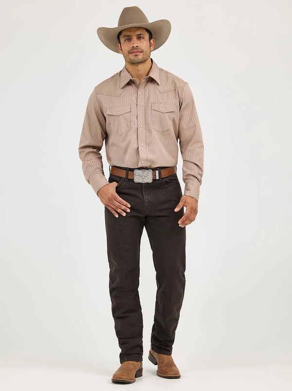 KONTOOR Wrangler Western Dobby Stripe long-sleeve shirt with blue and white horizontal stripes, button-down collar, and chest pockets.