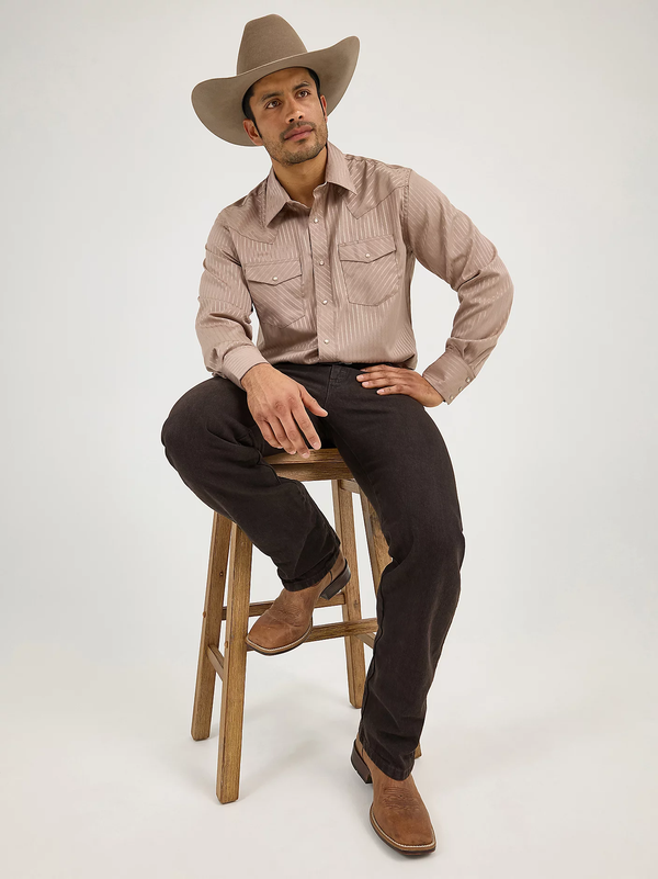KONTOOR Wrangler Western Dobby Stripe long sleeve shirt with blue and white vertical stripes, classic Western style.