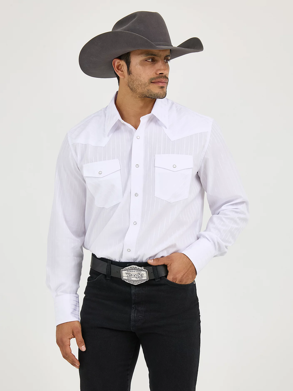 KONTOOR Wrangler Western Dobby Stripe Long-Sleeve Shirt featuring blue and white stripe pattern and classic western style.
