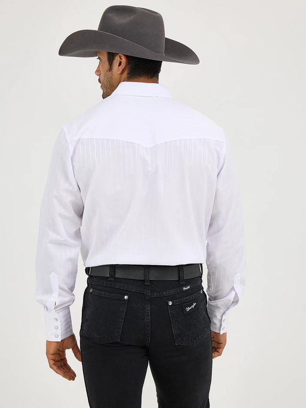 KONTOOR Wrangler Western Dobby Stripe long sleeve shirt with blue and white stripes and button-front design.