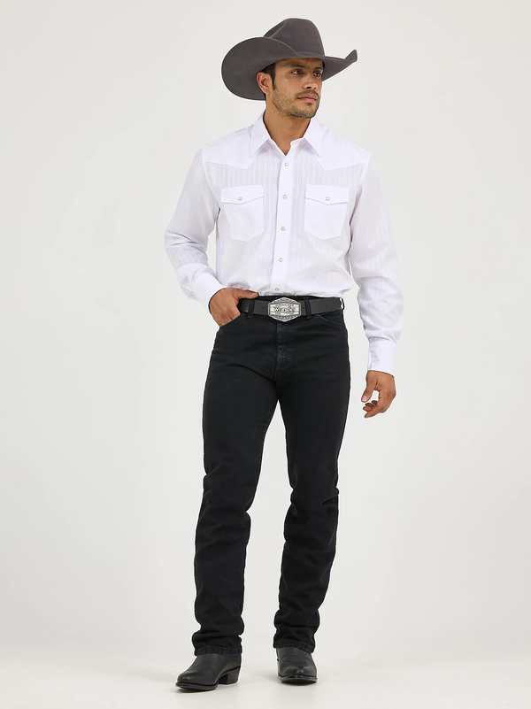 KONTOOR Wrangler Western Dobby Stripe long-sleeve shirt in white and blue with Western-inspired stripe pattern.