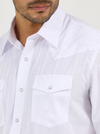 KONTOOR Wrangler Western Dobby Stripe long sleeve shirt with blue and white vertical stripes, button-down front, and collar.