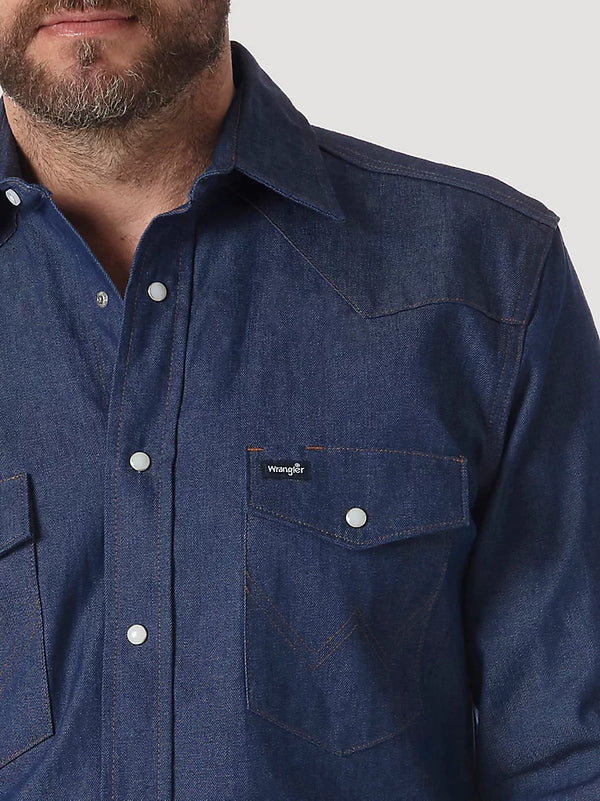 KONTOOR Wrangler Snap Work Shirt in denim, long sleeve work shirt with snap buttons, casual and durable for outdoor work.