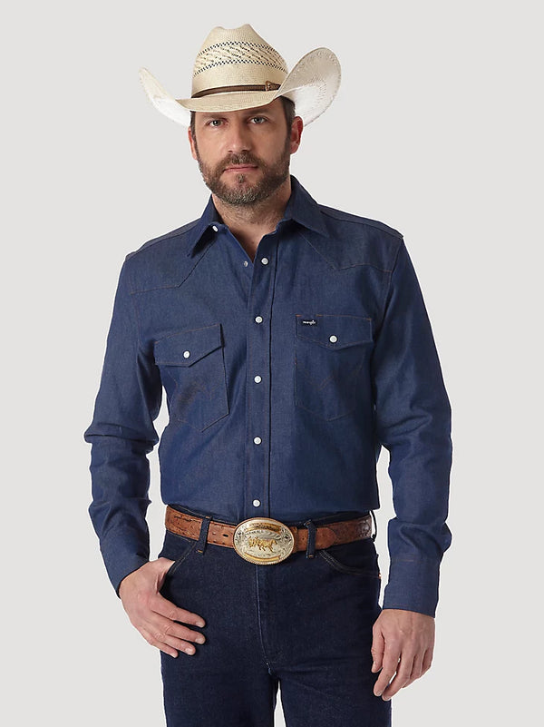 KONTOOR Wrangler Snap Work Shirt in denim, long sleeve work shirt with snap front and chest pockets, casual and durable design