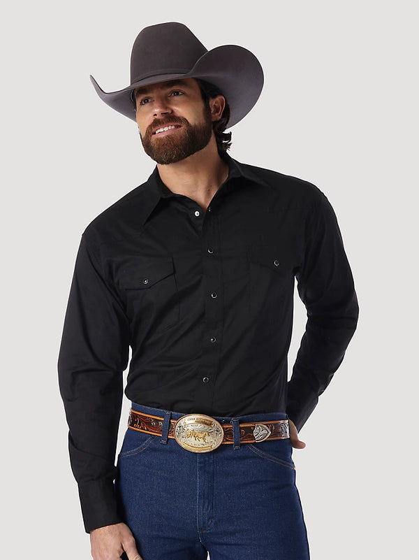 Wrangler Western Snap Shirt Broadcloth - Black - Broken horn