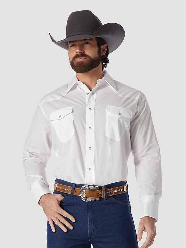 Wrangler Western Snap Solid Broadcloth - White - Broken horn