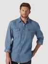 KONTOOR Wrangler men's denim snap work shirt with chest pockets, casual and durable for work or everyday wear.