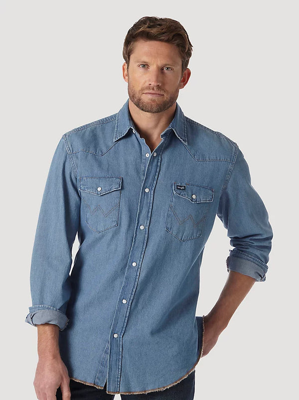 KONTOOR Wrangler men's denim snap work shirt with chest pockets, casual and durable for work or everyday wear.