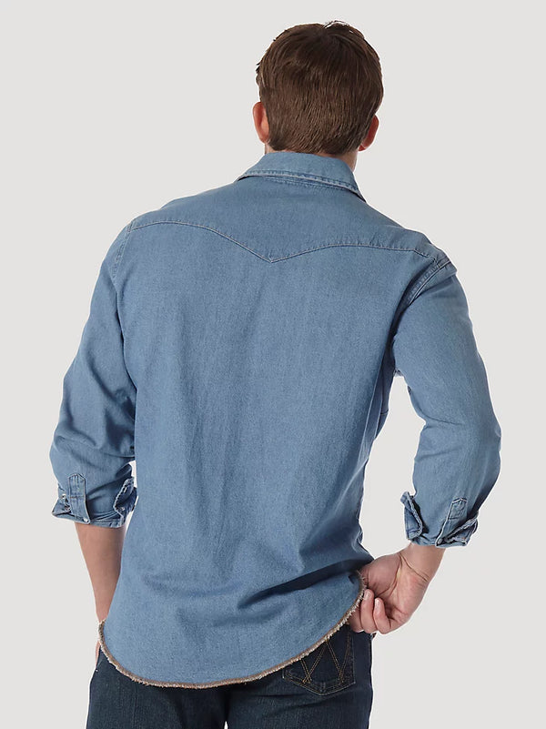 KONTOOR Wrangler men's denim snap work shirt with long sleeves and button front, suitable for work or casual wear.