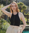 Grid Texture Front Lace High Neck Racerback Brami - Black - Broken horn