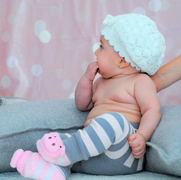 Pink and White Pig Boogie Toes Rattle Socks - Broken horn