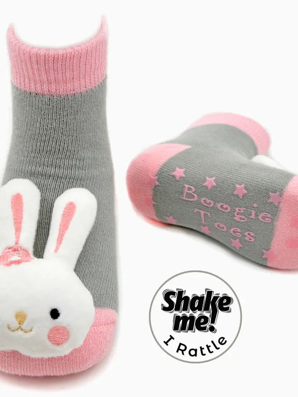 Pink Bunny Boogie Toes Baby Rattle Socks - Broken horn