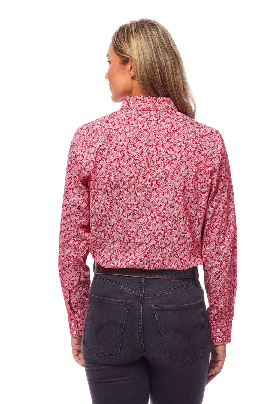 Rodeo Women Long Sleeve Red Paisley Snap Western Shirt