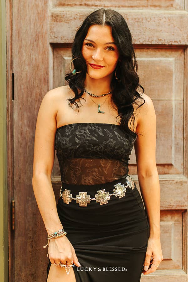 Black Boot Stitch Printed Mesh W Lined Tube Top - Broken horn