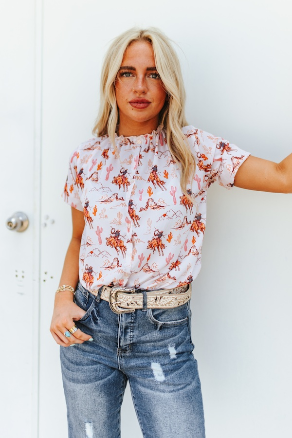 Ivory Western Short Sleeve Pleated Detail Shirt - Broken horn