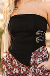 Black Stretch Strapless Western Buckle Top - Broken horn