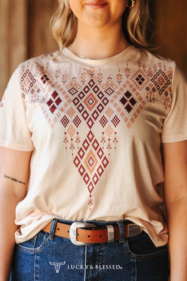 Cream Aztec Printed Short Sleeve Top - Broken horn