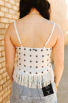 Ivory Aztec Front Tie Spaghetti Strap Fringe Top - Broken horn
