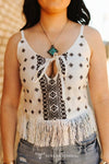Ivory Aztec Front Tie Spaghetti Strap Fringe Top - Broken horn