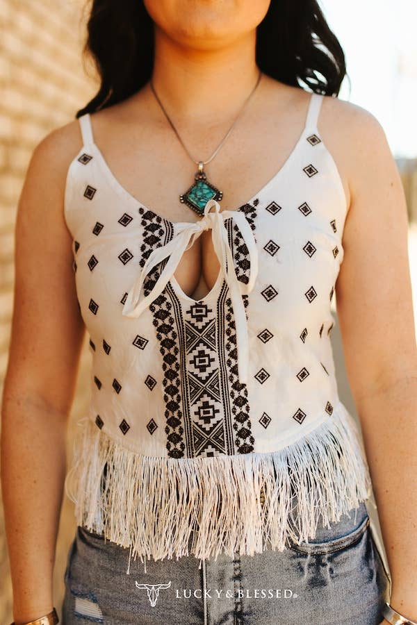 Ivory Aztec Front Tie Spaghetti Strap Fringe Top - Broken horn