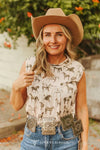 Ivory Horse Printed Yoke Sleeveless Shirt- Plus - Broken horn