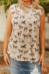 Ivory Horse Printed Yoke Sleeveless Shirt- Plus - Broken horn