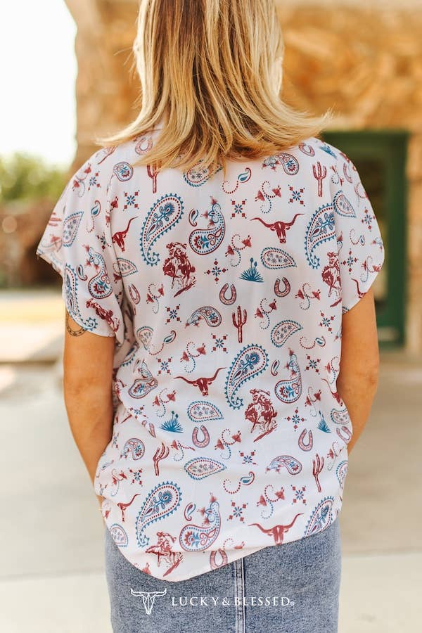 Western Ivory Paisley Button Down Collared Shirt - Plus - Broken horn