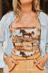 Beige Horse Jacquard Woven Adjustable Strap Horse Corset Top - Broken horn