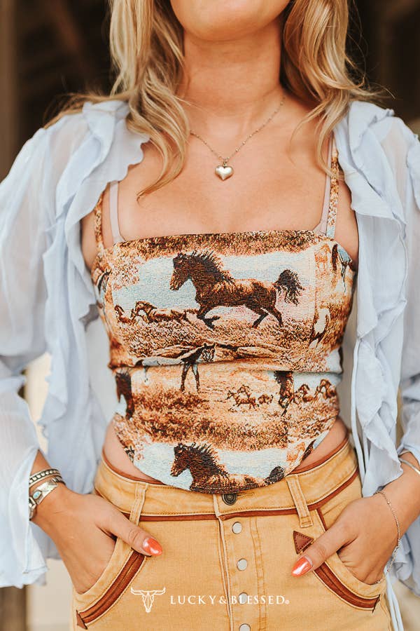 Beige Horse Jacquard Woven Adjustable Strap Horse Corset Top - Broken horn