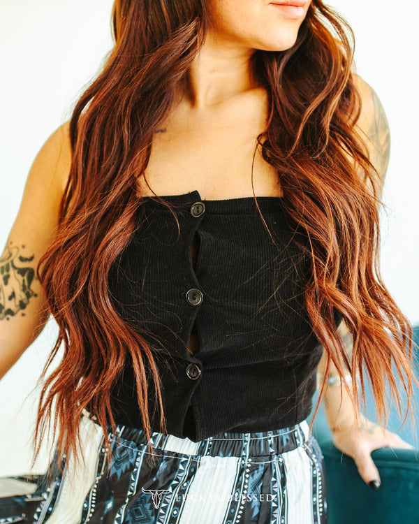 Black Stretch Corduroy Button Down Strapless Corset Top - Broken horn