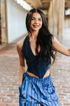 Dark Wash Halter Stretch Denim Corset Top - Broken horn
