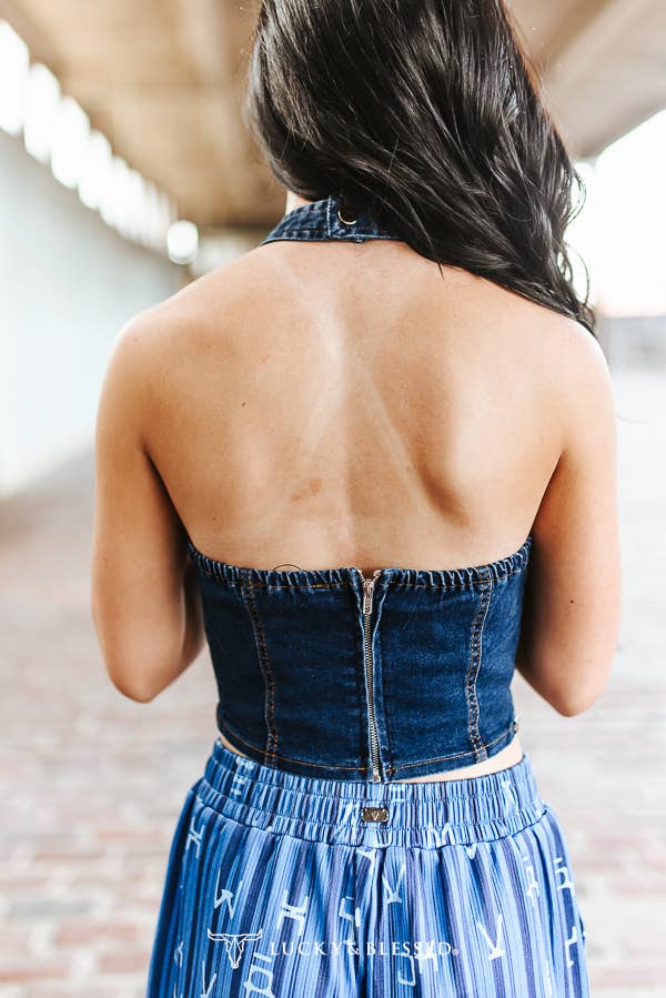Dark Wash Halter Stretch Denim Corset Top - Broken horn