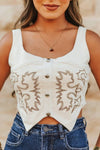 Ivory Stretch Suede Boot Stitch Concho Buttons Corset Top - Broken horn
